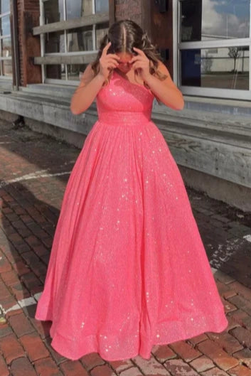 A-Line Glitter Hot Pink One Shoulder Formal Dress FancyVestido A-Line Glitter Hot Pink One Shoulder Formal Dress FancyVestido