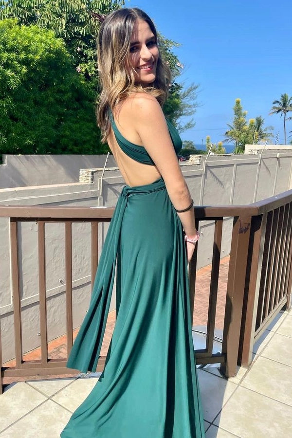 Plunging Neck Green Long Evening Dress with Criss Cross Back FancyVestido Plunging Neck Green Long Evening Dress with Criss Cross Back FancyVestido