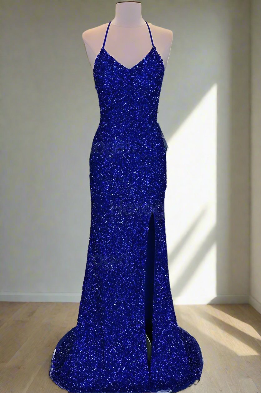 Lace-Up High Slit Royal Blue Glitters Long Party Dress – FancyVestido
