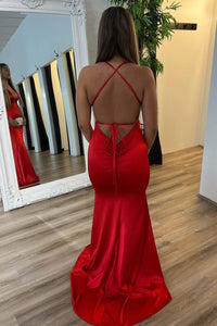 V-Neck Sleeveless Open Back Mermaid Satin Party Prom Dress