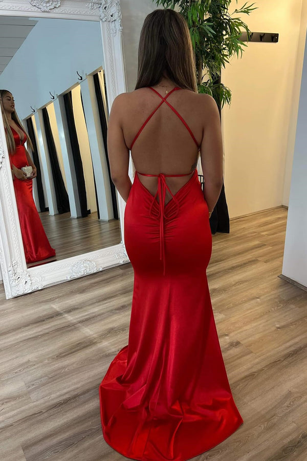 V-Neck Sleeveless Open Back Mermaid Satin Party Prom Dress