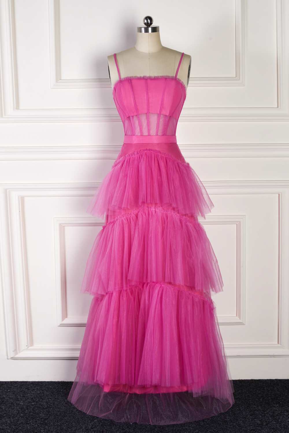 Straps Hot Pink Ruffle Layered Prom Dress