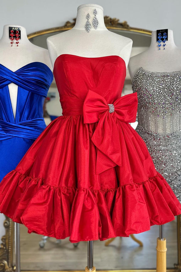 Strapless Pink Taffeta A-line Short Party Dress with Bow