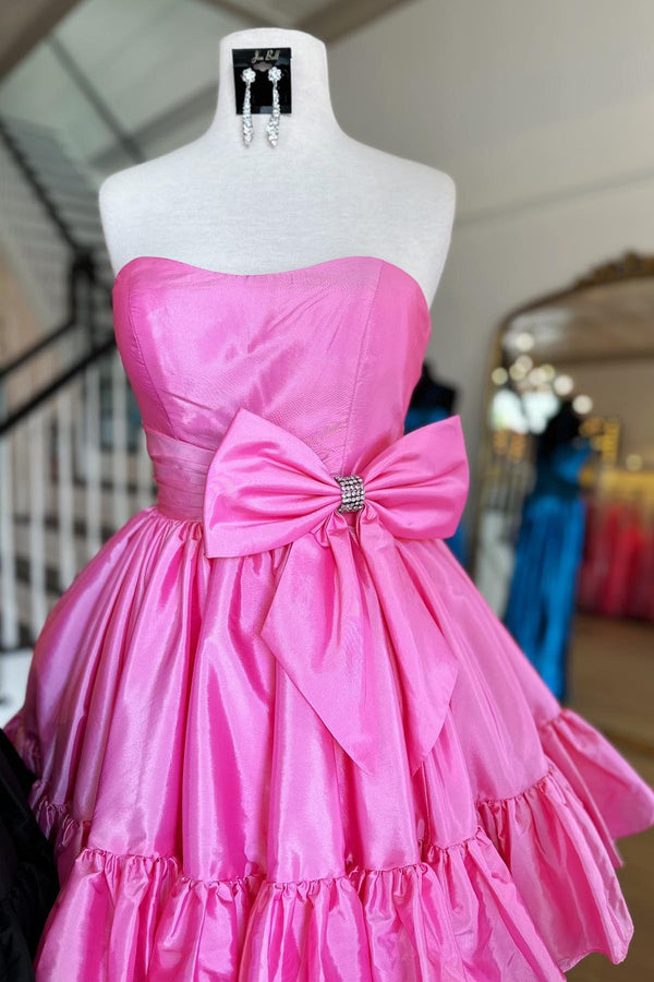 Strapless Pink Taffeta A-line Short Party Dress with Bow