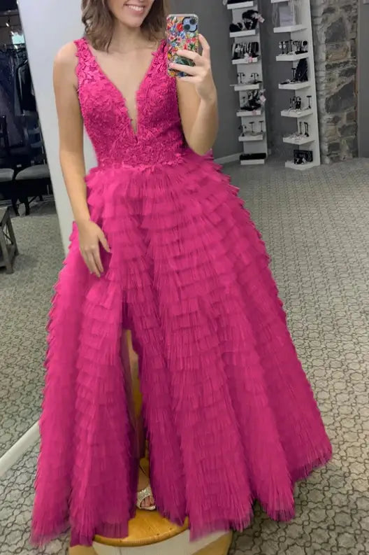 V-Neck Applique Ruffle A-Line Prom Dress with Slit 