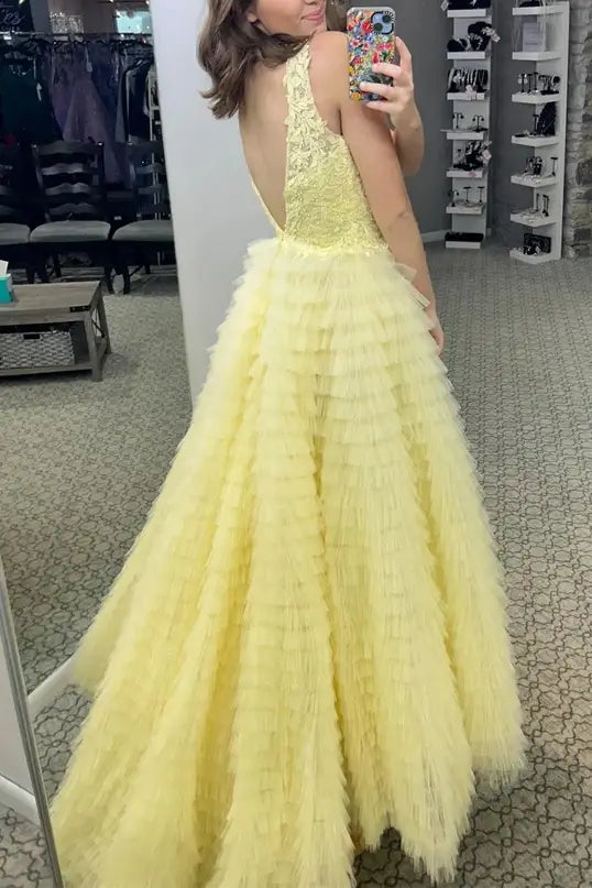 V-Neck Applique Ruffle A-Line Prom Dress with Slit 