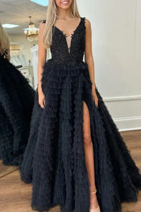 V-Neck Applique Ruffle A-Line Prom Dress with Slit 