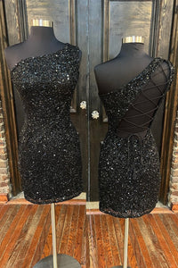 Glitter One Shoulder Royal Blue Sequin Homecoming Dress