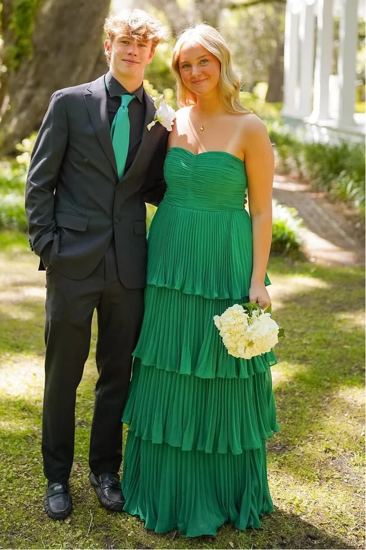 Strapless Emerald Green Ruffle Multi-Layer Long Prom Dress FancyVestido Strapless Emerald Green Ruffle Multi-Layer Long Prom Dress FancyVestido