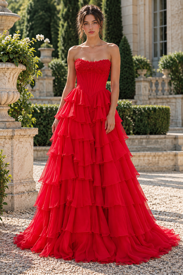 Bateau Strapless Two Tone A-Line Tiered Party Prom Dress