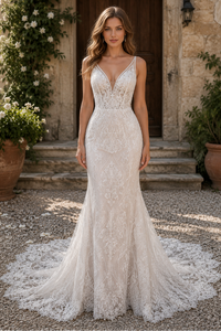 Classy V-Neck Lace Mermaid Long Wedding Dress with Backless