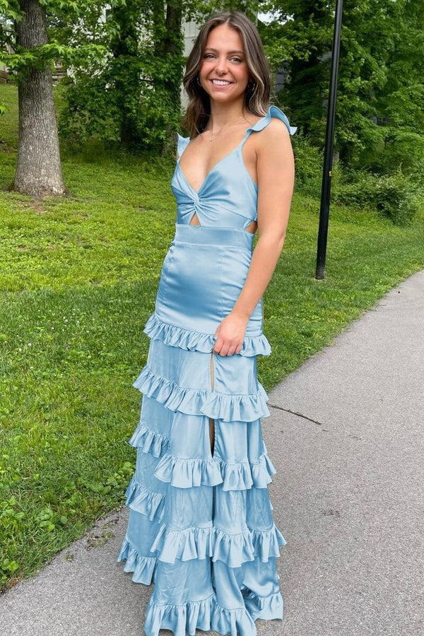 Straps Sage Keyhole Ruffle Long Prom Dress with Slit