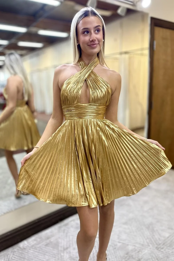 Metallic Fuchsia Halter Keyhole Pleated Short Homecoming Dress