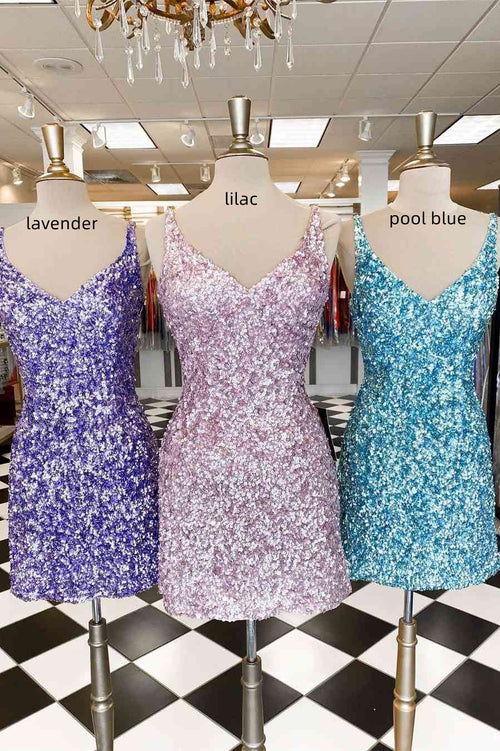 Glitter Tight V-Neck Lavender Sequined Homecoming Dress