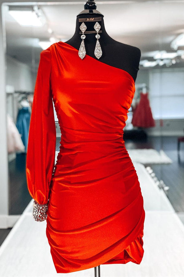 Short Hot Pink One Shoulder Long Sleeve Homecoming Dress