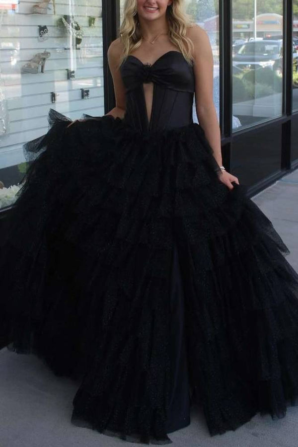 Fuchsia Strapless Keyhole Layered Tulle Prom Dress