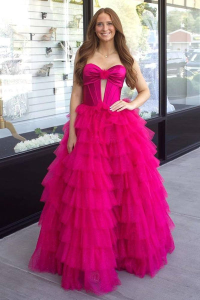 Fuchsia Strapless Keyhole Layered Tulle Prom Dress