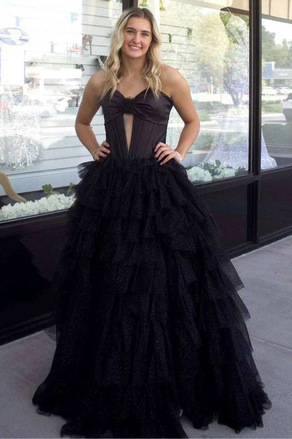 Fuchsia Strapless Keyhole Layered Tulle Prom Dress