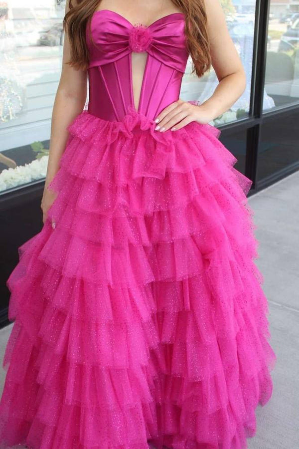 Fuchsia Strapless Keyhole Layered Tulle Prom Dress