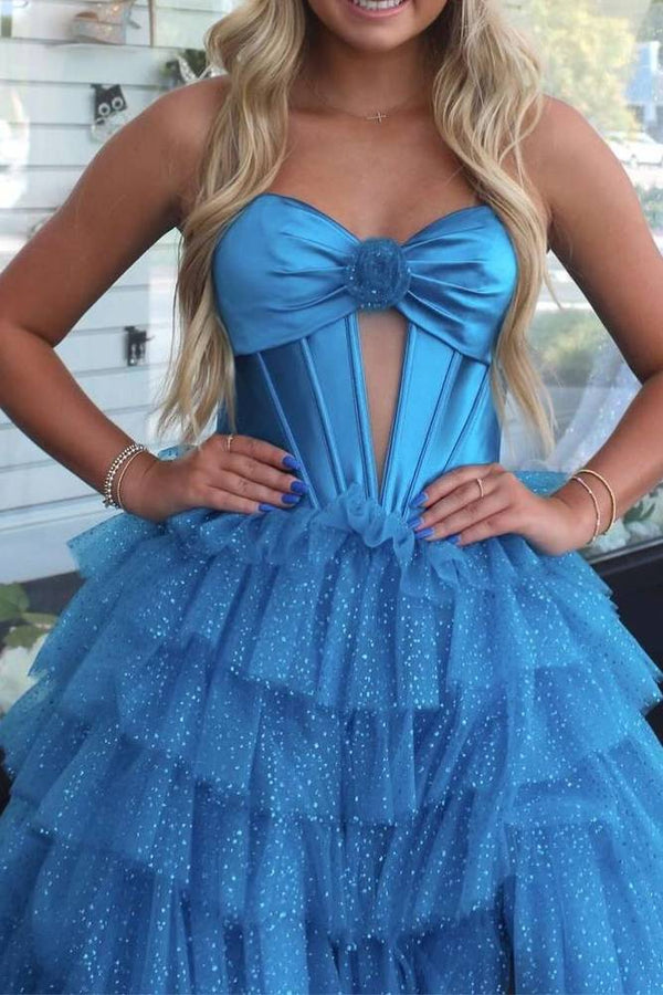 Fuchsia Strapless Keyhole Layered Tulle Prom Dress