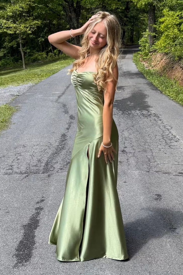 Spaghetti Straps Yellow Pleated Maxi Dress with Slit