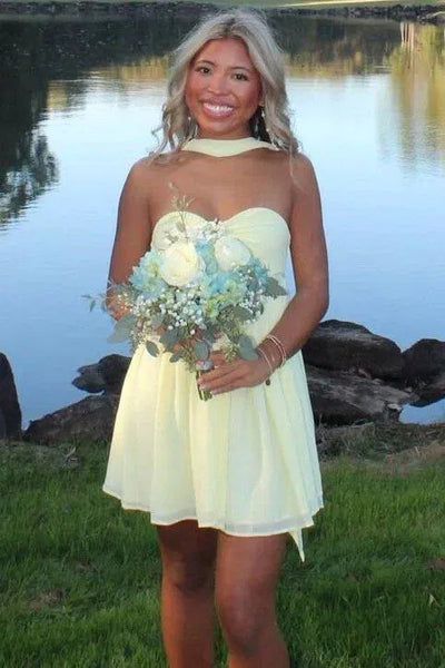 Yellow Chiffon A-Line Strapless Short Homecoming Dress