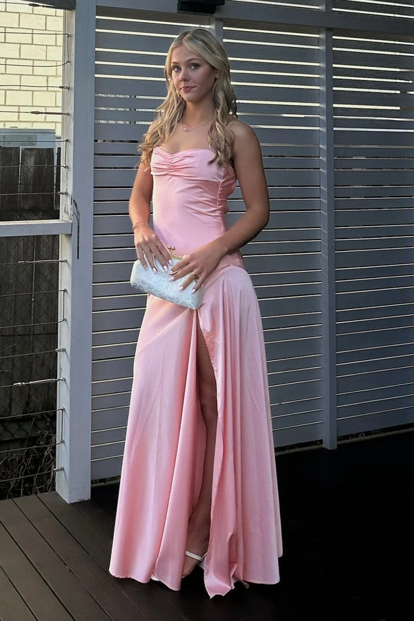 Spaghetti Straps Yellow Pleated Maxi Dress with Slit