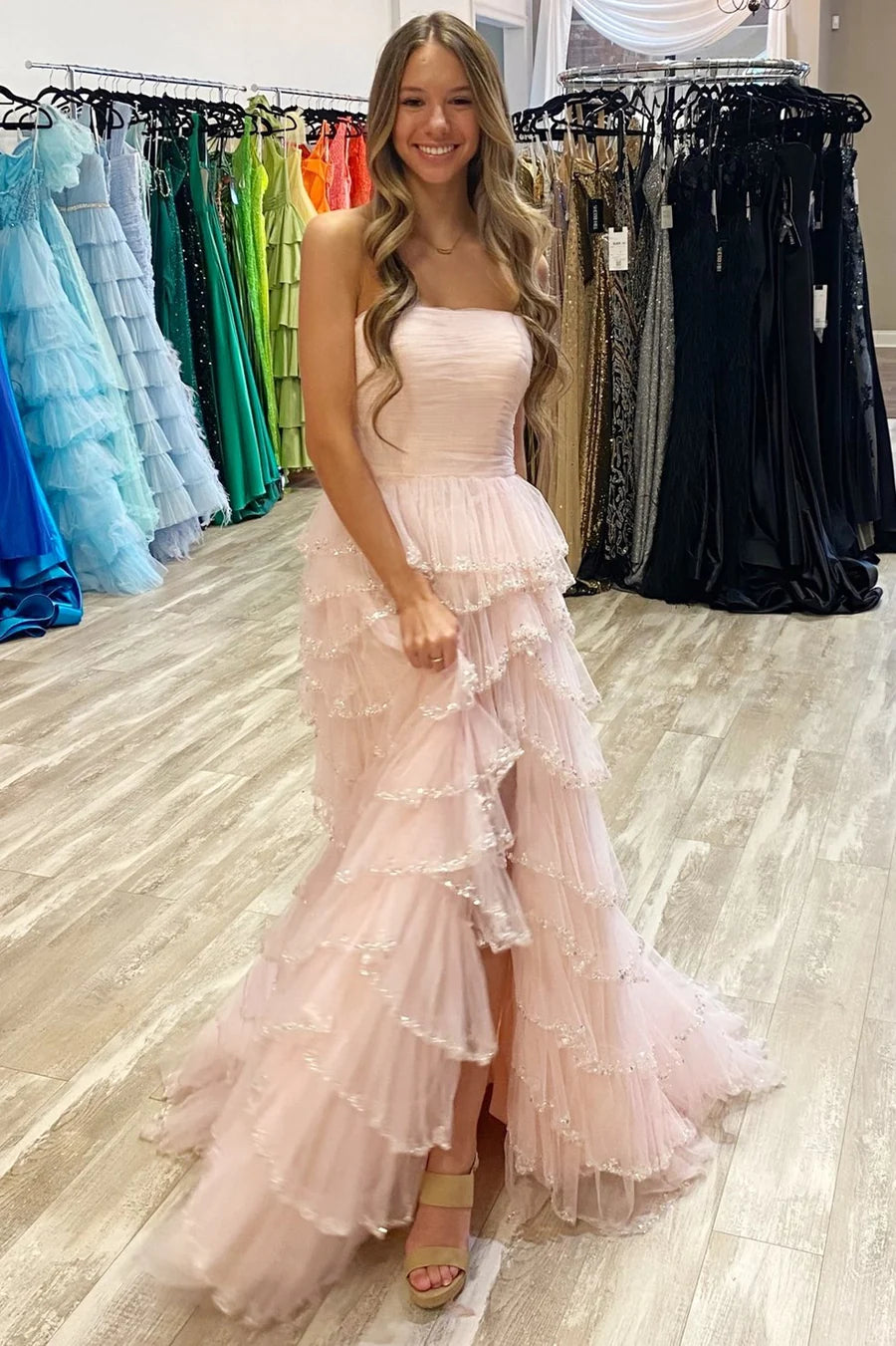Light Blue Strapless Layered Tulle Prom Dress with Sequins FancyVestido Light Blue Strapless Layered Tulle Prom Dress with Sequins FancyVestido
