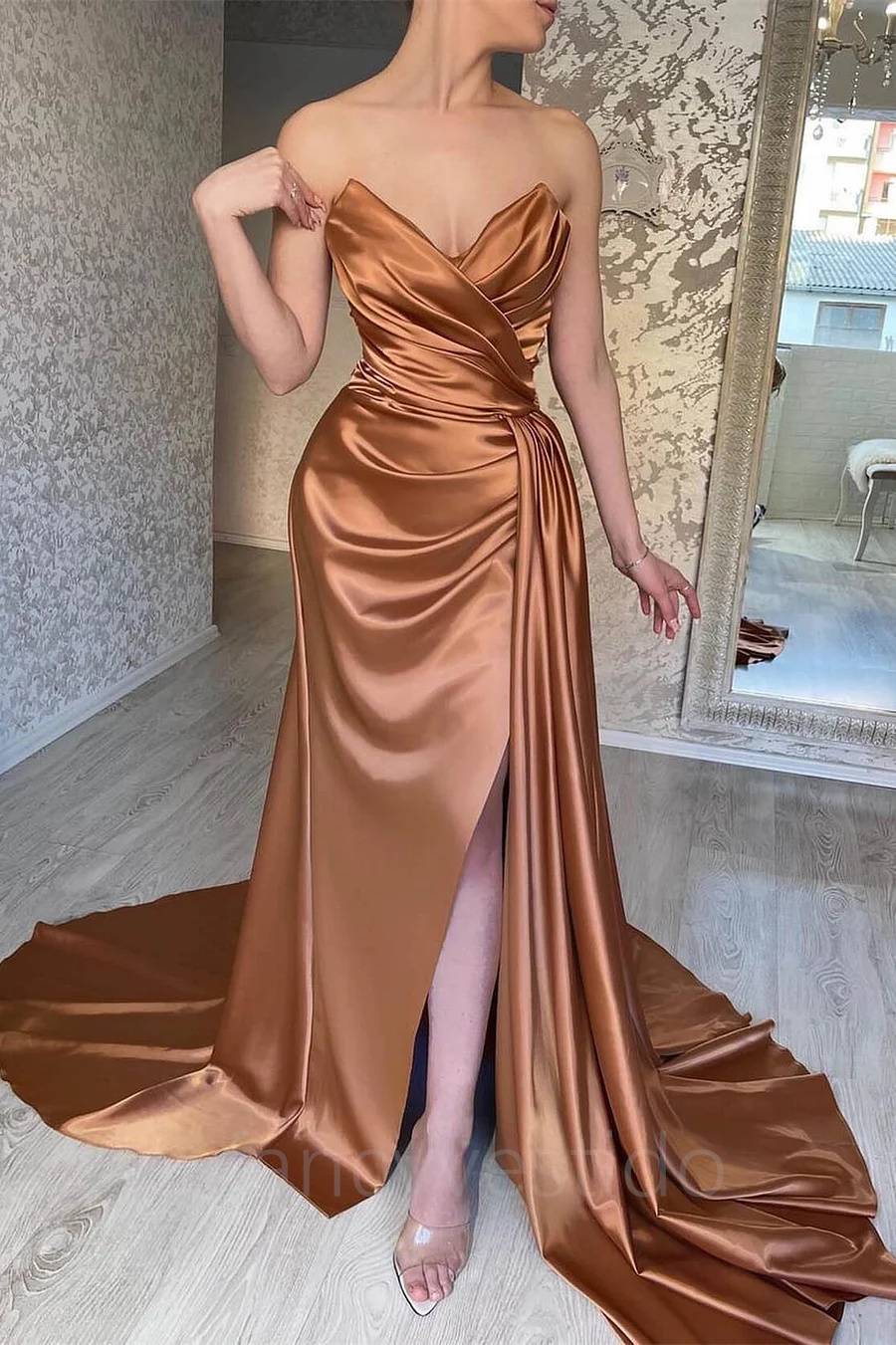 Sexy Strapless Pleated Mermaid Slit Evening Prom Dress – FancyVestido