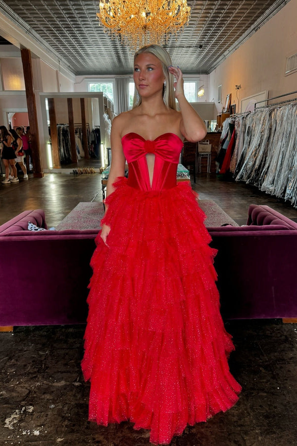 Fuchsia Strapless Keyhole Layered Tulle Prom Dress