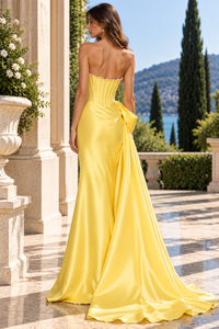 Modest Boat Strapless Mermaid Satin Party Prom Dress With Train