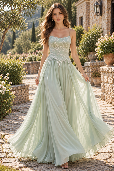 Sage Green Boat Sleeveless Lace Top Chiffon A-Line Long Party Prom Dress