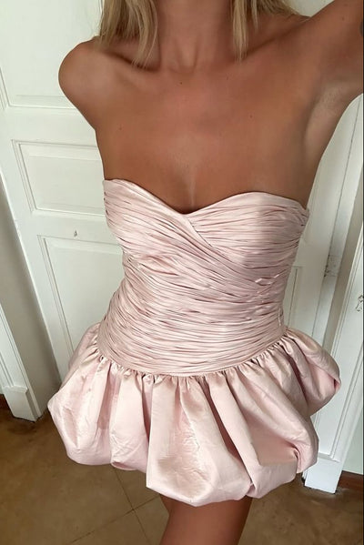 Couture Satin A-Line Pleated Strapless Corset Homecoming Dress