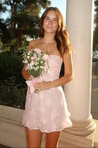 Chic Sweetheart Strapless Floral Satin Ruffle Short Homecoming Dress