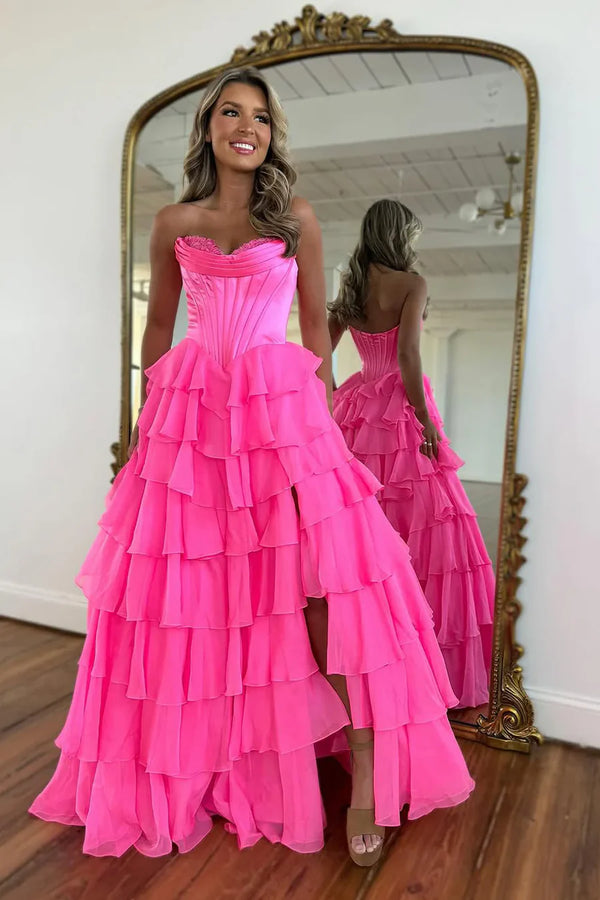 Dark Navy Strapless Pleated Prom Dress with Ruffle