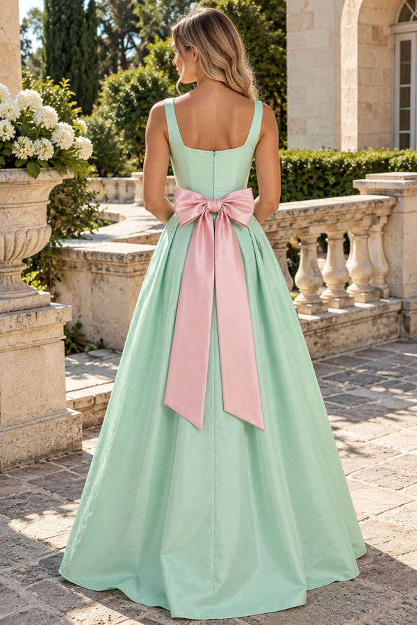 Straps Square A-Line Bow Empire Floor-Length Satin Party Prom Dress