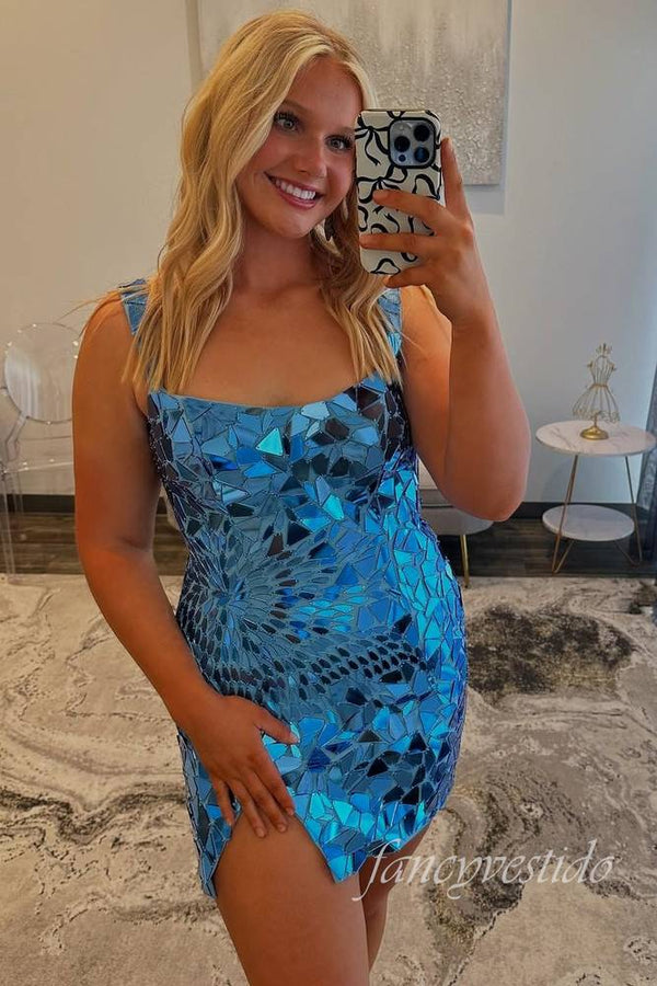 Square Neck Silver Cut Mirror Sequin Bodycon Homecoming Dress