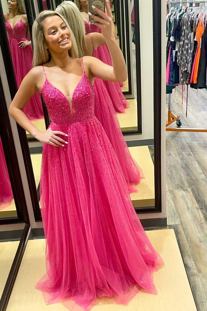 Straps Neon Pink Beaded A-Line Long Formal Dress FancyVestido Straps Neon Pink Beaded A-Line Long Formal Dress FancyVestido