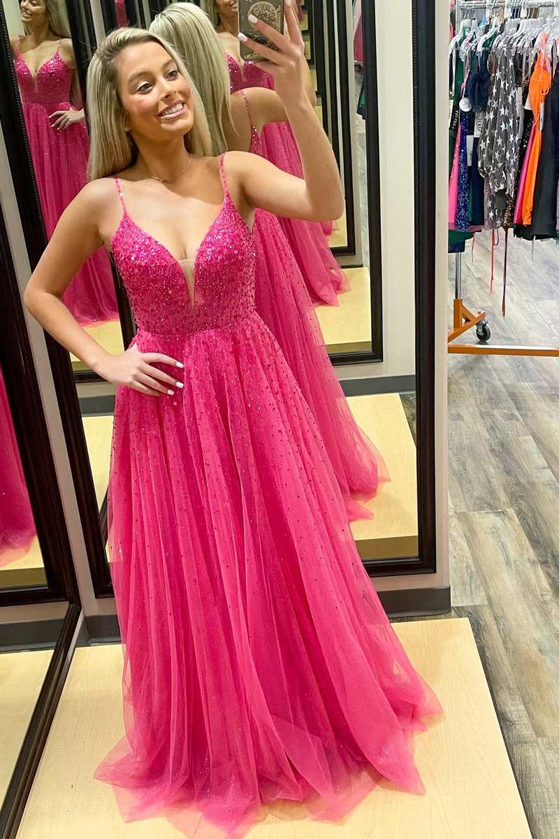 Straps Neon Pink Beaded A-Line Long Formal Dress