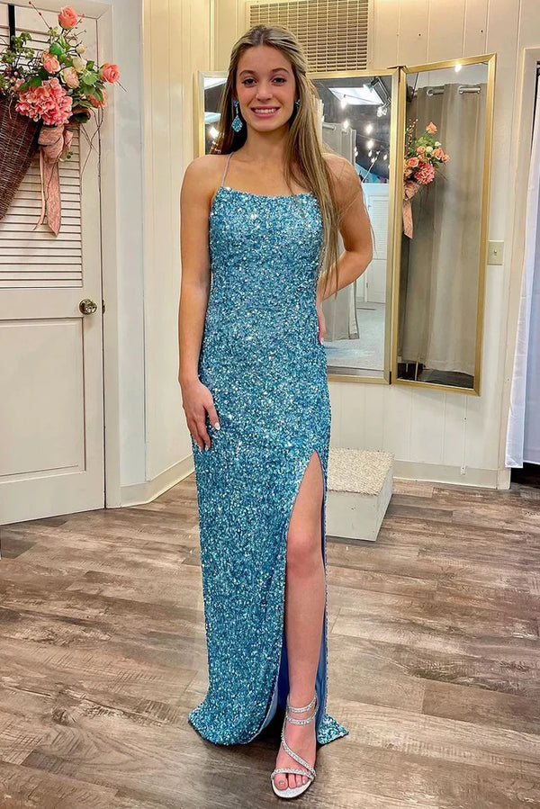 Lace-Up Navy Blue Sequin Mermaid Prom Dress