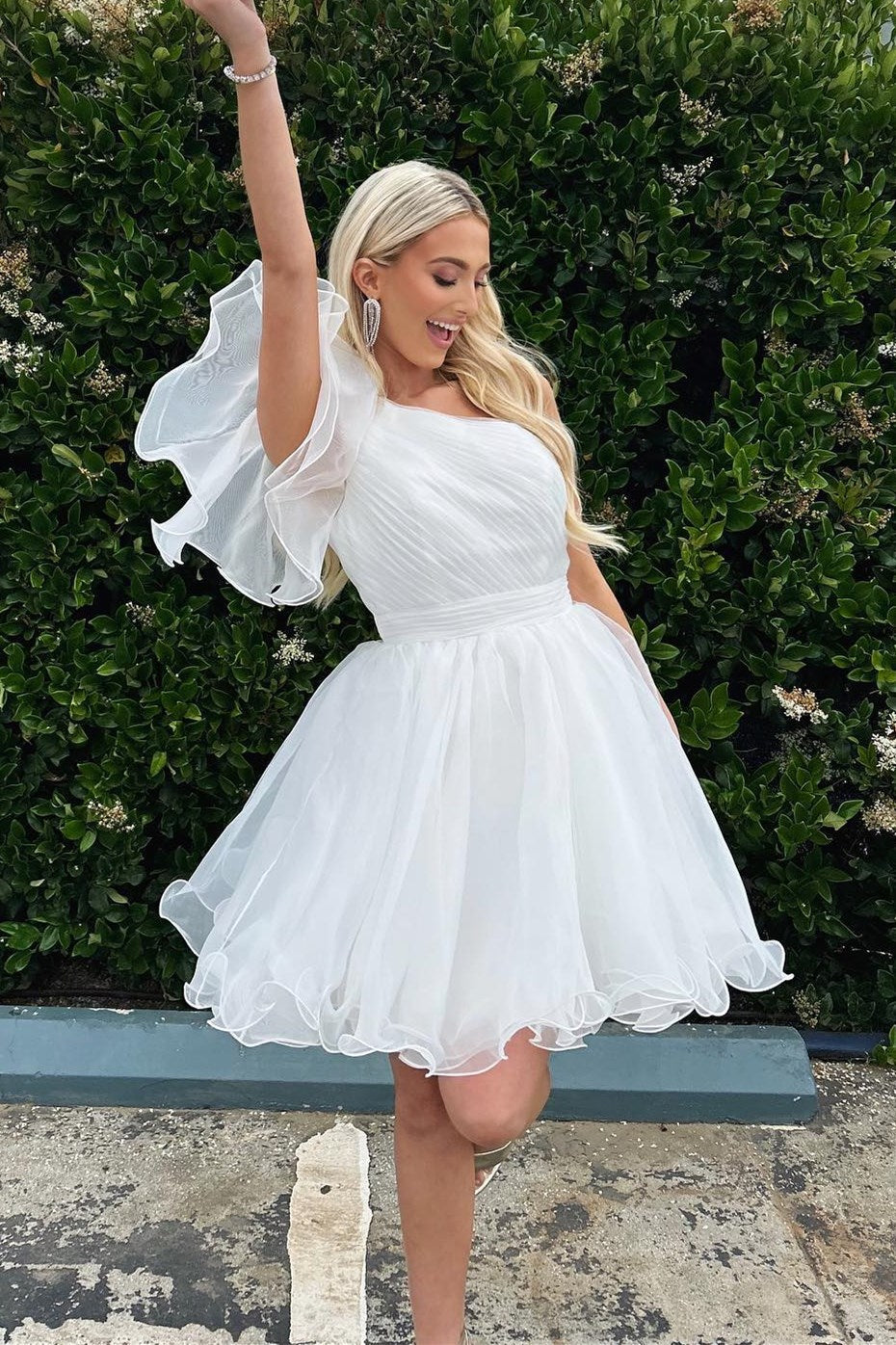 White One Shoulder Ruffle Tulle Homecoming Dress