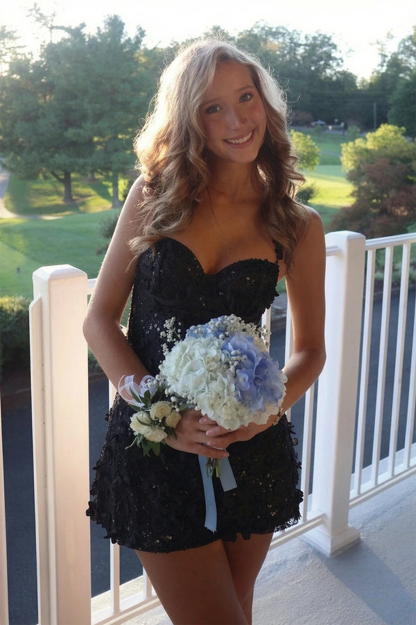 White Sweetheart Strapless Lace Floral A-Line Mini Homecoming Dress