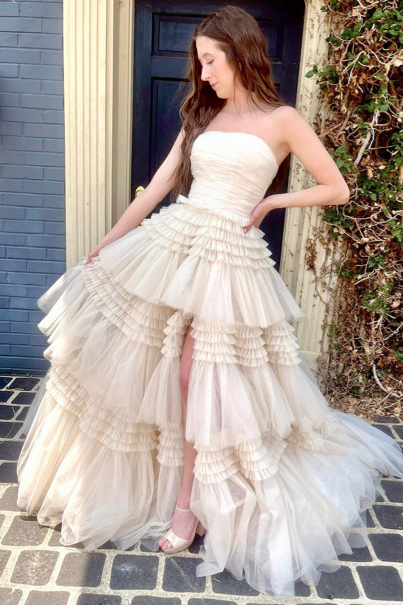 A-line Strapless Tulle Tiered Short Dress Fuchsia