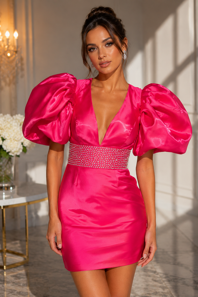 Neon Pink Plunging Neck Balloon Sleeves Bodycon Homecoming Dress