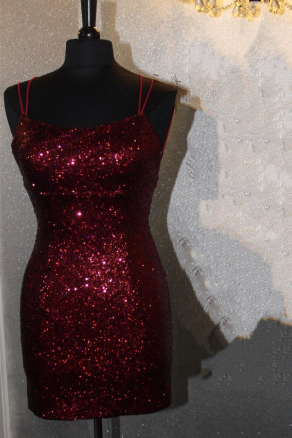 Glitter Double Straps Blue Sequin Tight Homecoming Dress