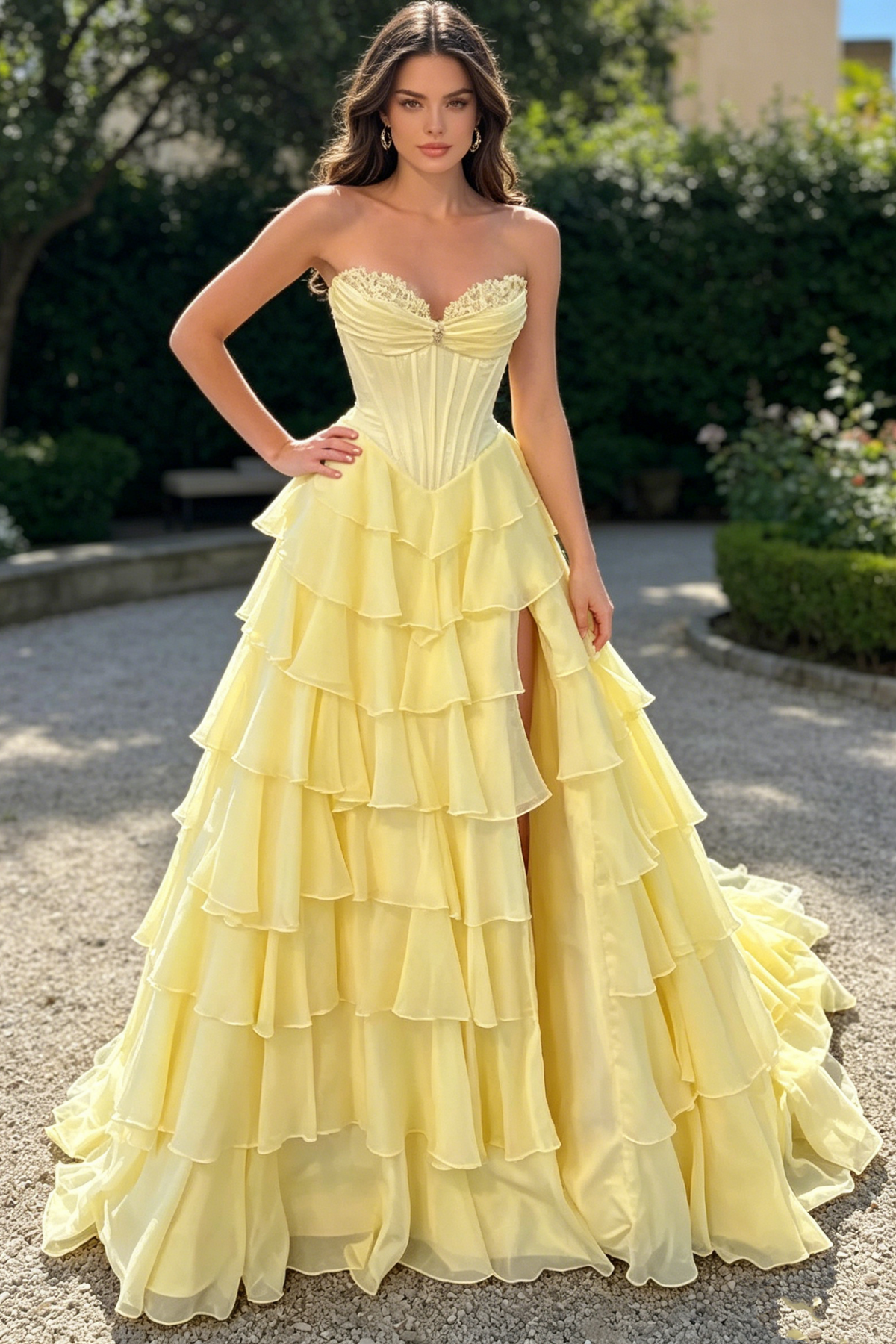 Modest A-Line Sweetheart Strapless Tiered Split Party Prom Dress