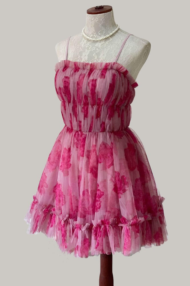 Hot Pink Straps Floral Print Short Homecoming Dress