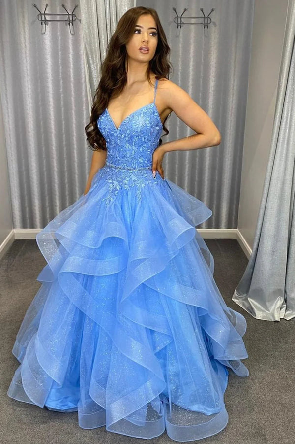 Princess Sky Blue Tiered Tulle Prom Dress with Appliques
