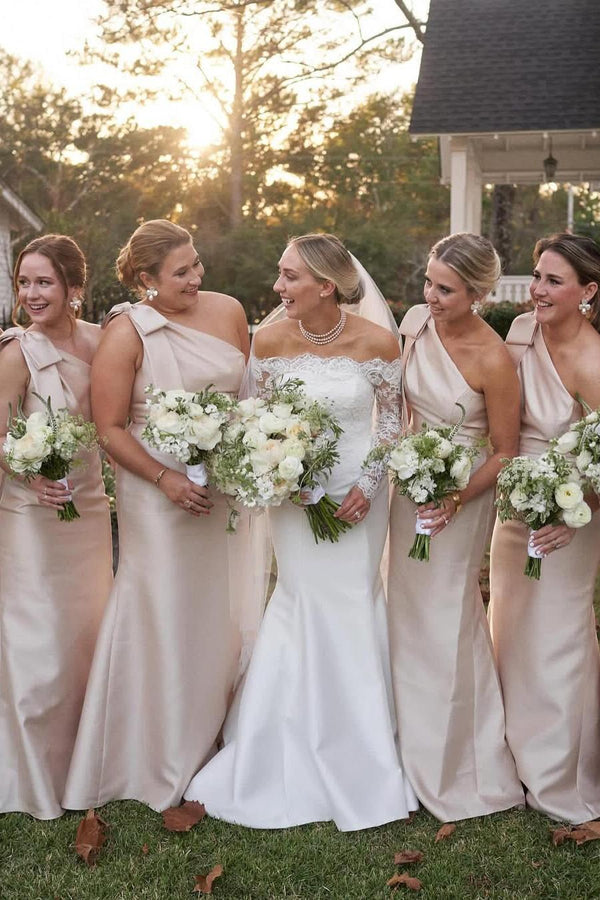 One Shoulder Satin Bridesmaid Dresses with Bow