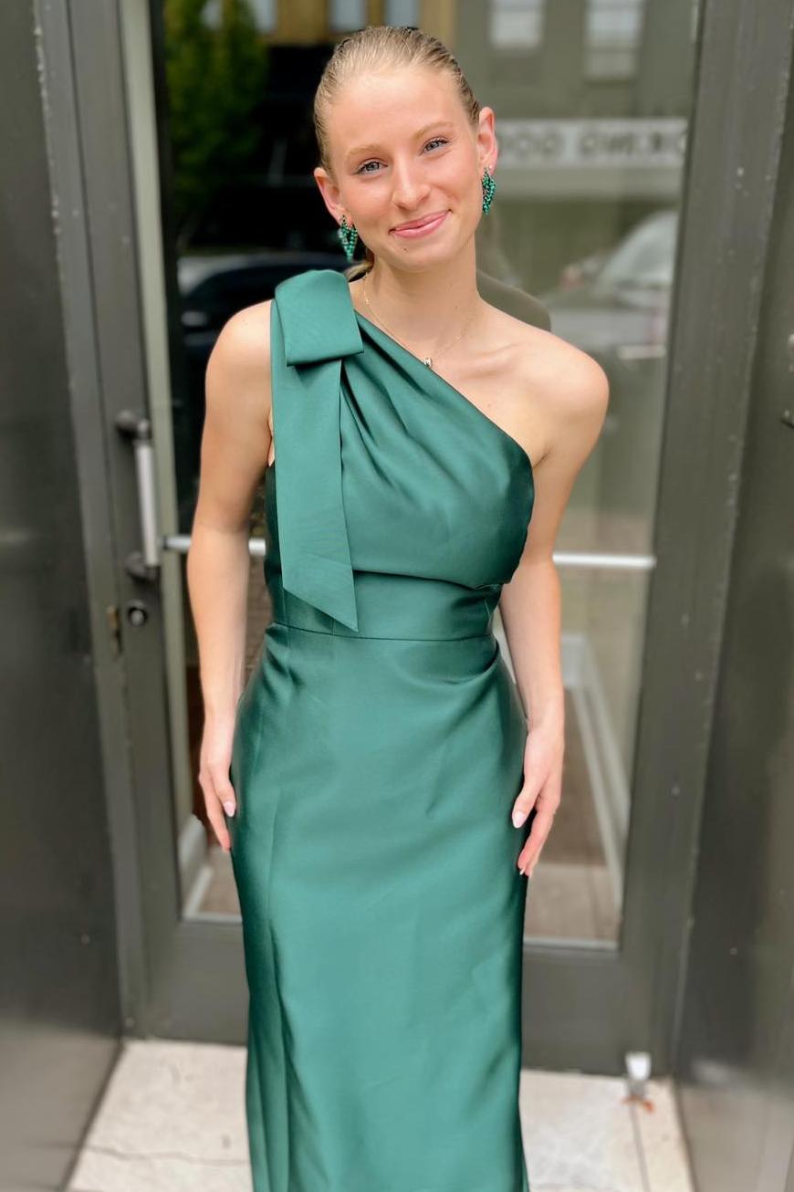 bridesmaid dresses with bow on shoulder Persephone Stretch Satin One-Shoulder Bridesmaid Dress